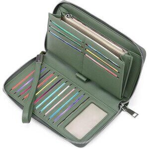 RFID Leather Wallet for Women Zip Around Clutch Wristlet Long Purse Card Holder